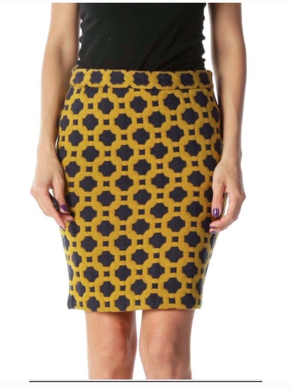 Anthro. Geometric Pattern Navy and Mustard Pencil Skirt